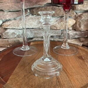 Vintage Glass Crucifix Cross Taper Candlestick Candle Holder Clear Religious